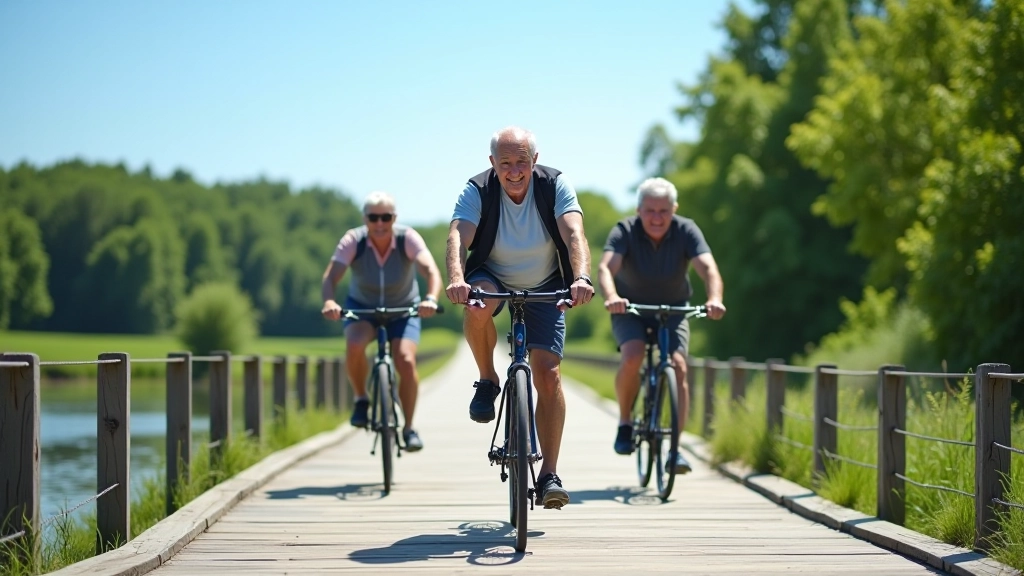 Skupinka seniorů na kole jedoucí po zeleném cyklistickém mostku přes řeku Dyji