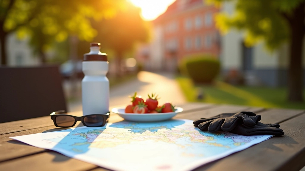 Stůl v kavárně s mapou Znojemska, lahví vody a zdravými svačinami pro cyklisty