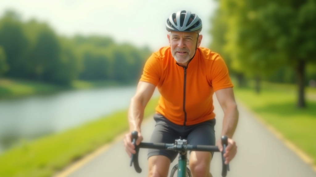 Starší cyklista v oranžovém dresu jedoucí po rovinaté zelené cyklostezce podél řeky